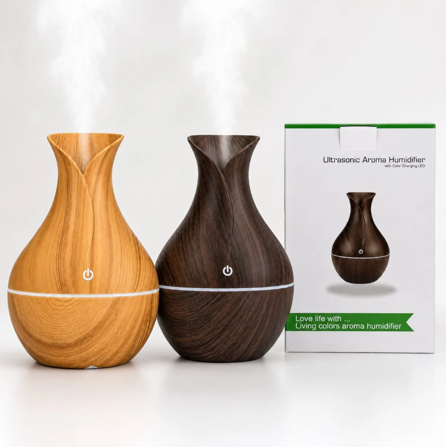 Wooden Finish Ultrasonic Aroma Humidifier – LED Night Light