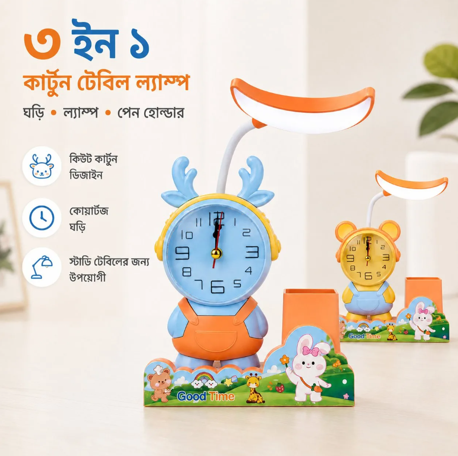 3 in 1 Table Lamp - Analog Clock with Pen Holder LED